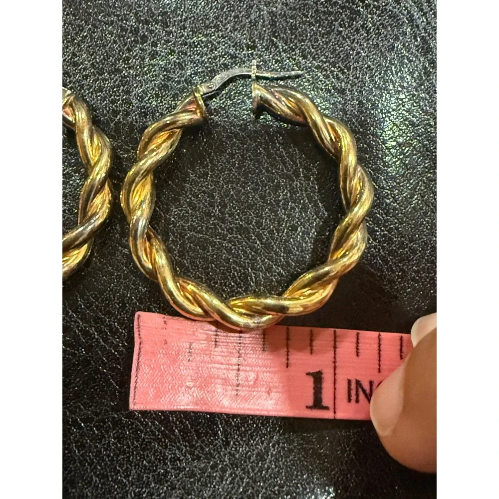 Vintage Italy 925 Sterling Silver Gold Vermeil Twisted‎ Rope Hoop Earrings 1.25